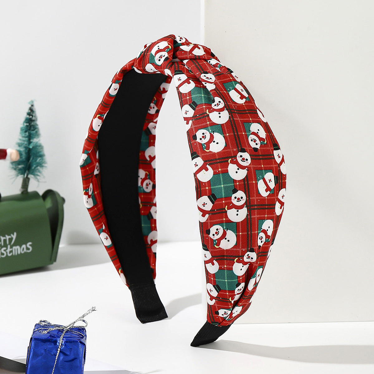 Wholesale fabric knotted green and red striped plaid wide headband